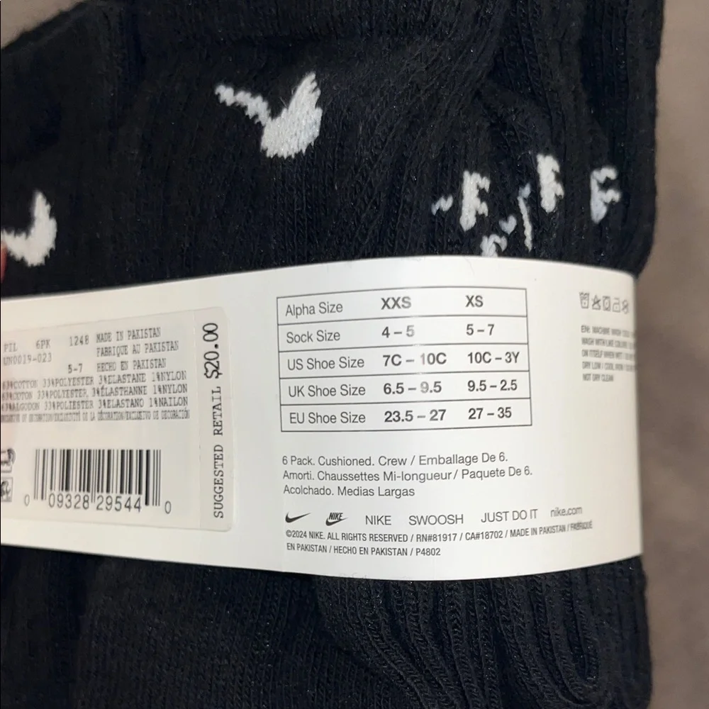 Nike Black Crew Socks with White Swoosh - Kids 6-Pack